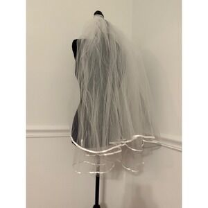 White Bridal Wedding Veil Double Layer Tulle Ribbon Trim elegant chic 31" long
